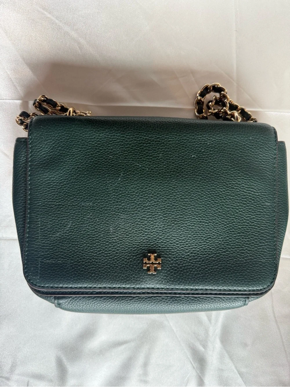 Tory Burch Miller Forest Green Pebbled Leather Chain Shoulder Bag 2019